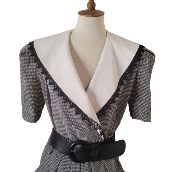80's Leslie Fay Collection Black and White Check Hankerchief‎ Collar Midi Dress - Picture 4 of 7
